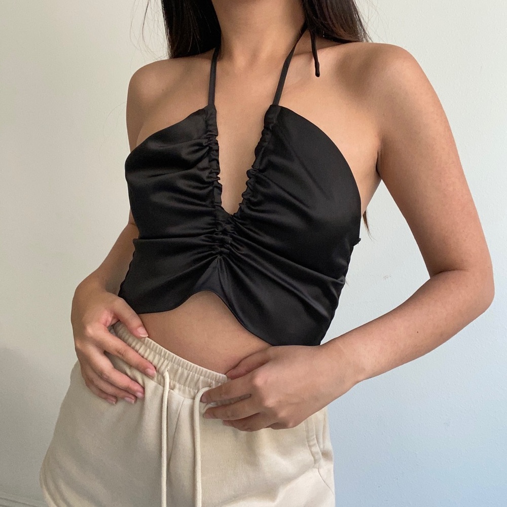 Black Satin Smooth Halter Crop Top